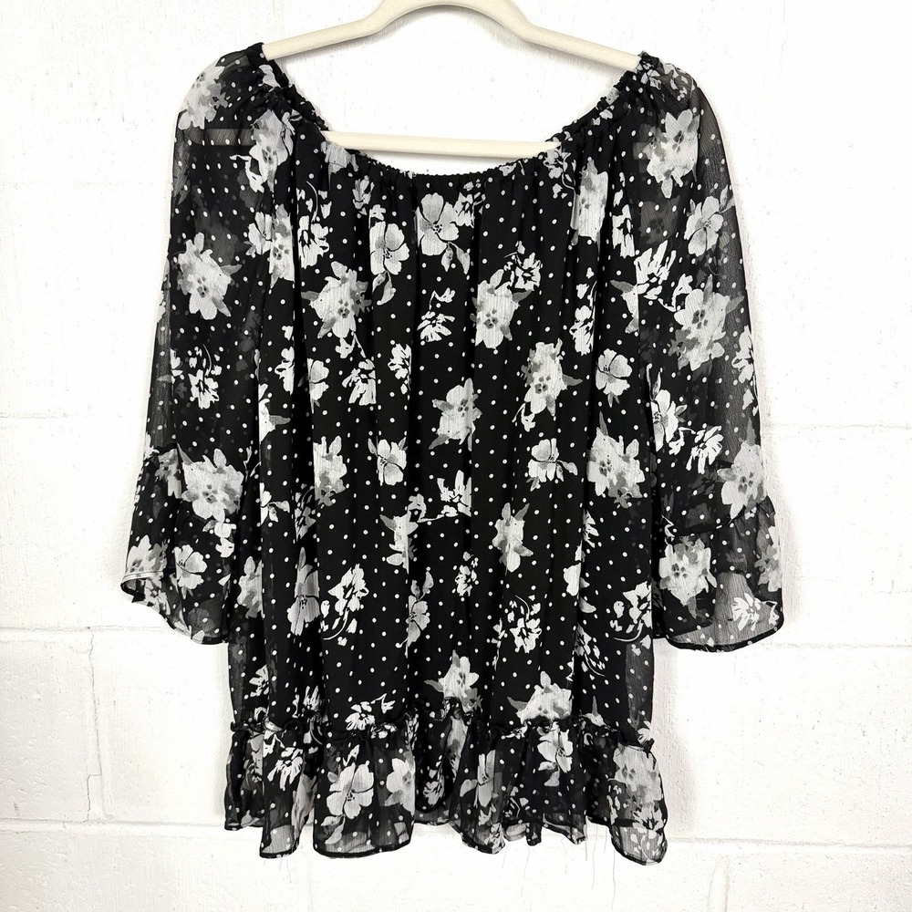 Massini Top Black Floral Ruffles Sheer Sleeves Lined Romantic Feminine Spring 3X
